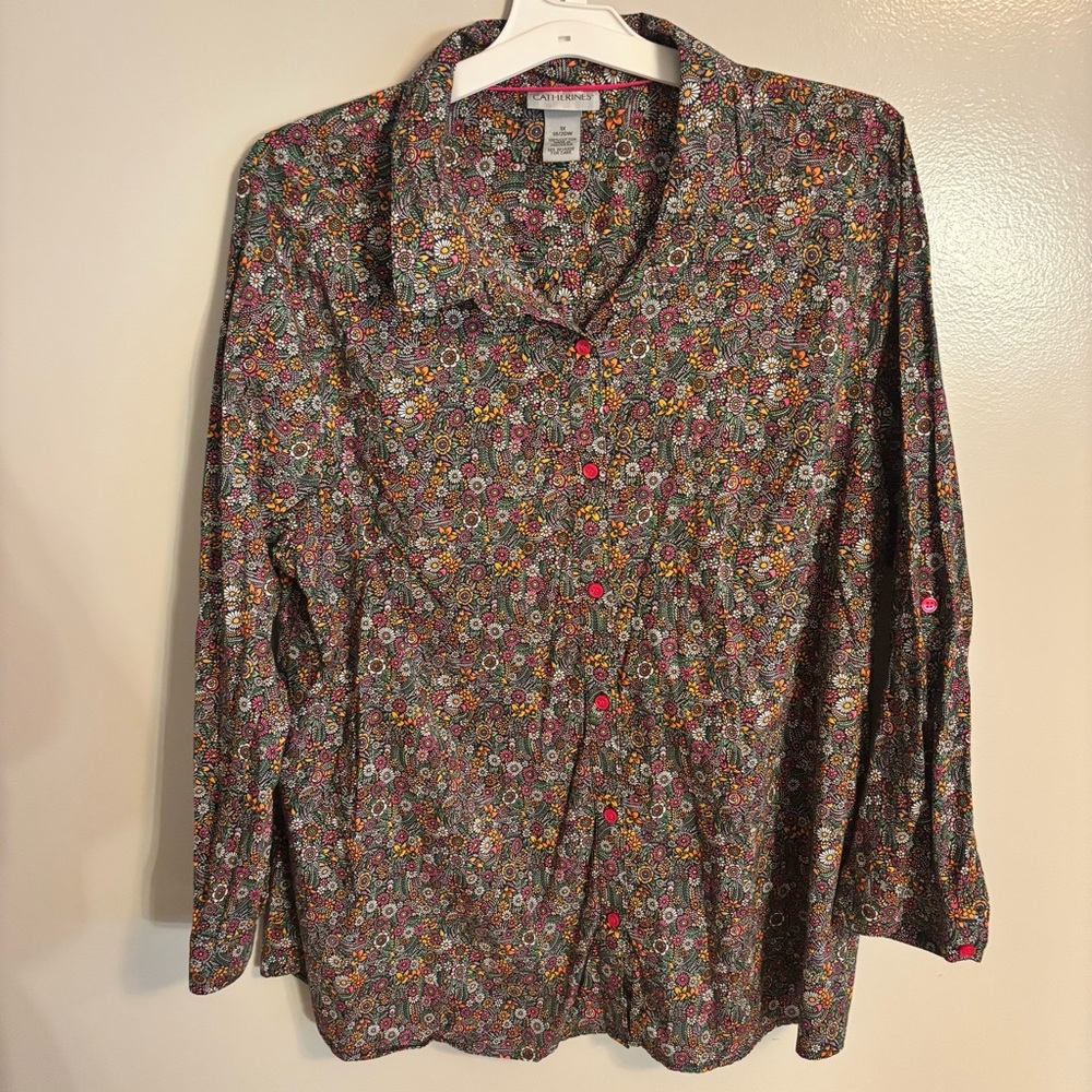 Catherines 1X Floral Button Down Top 100% Cotton | 18/20W